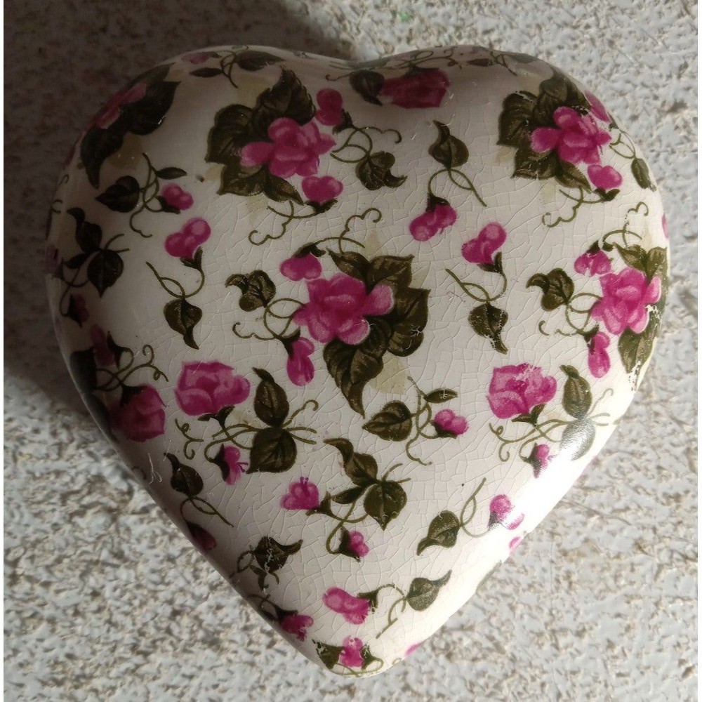 Vintage Chintz Purple Roses Heart Trinket Box
